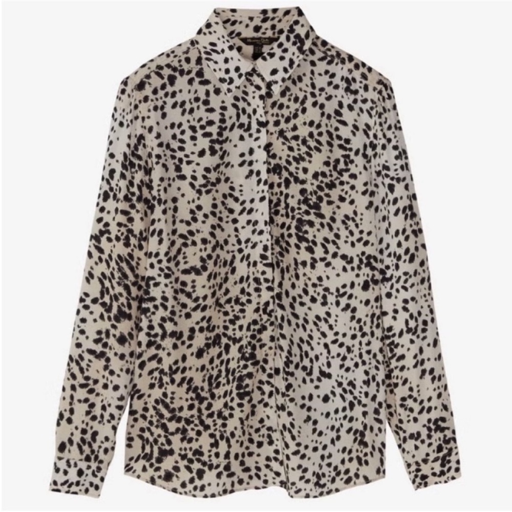 Massimo Dutti Designer Blouse Leopard Print Button Up Long Sleeve Black Size XS